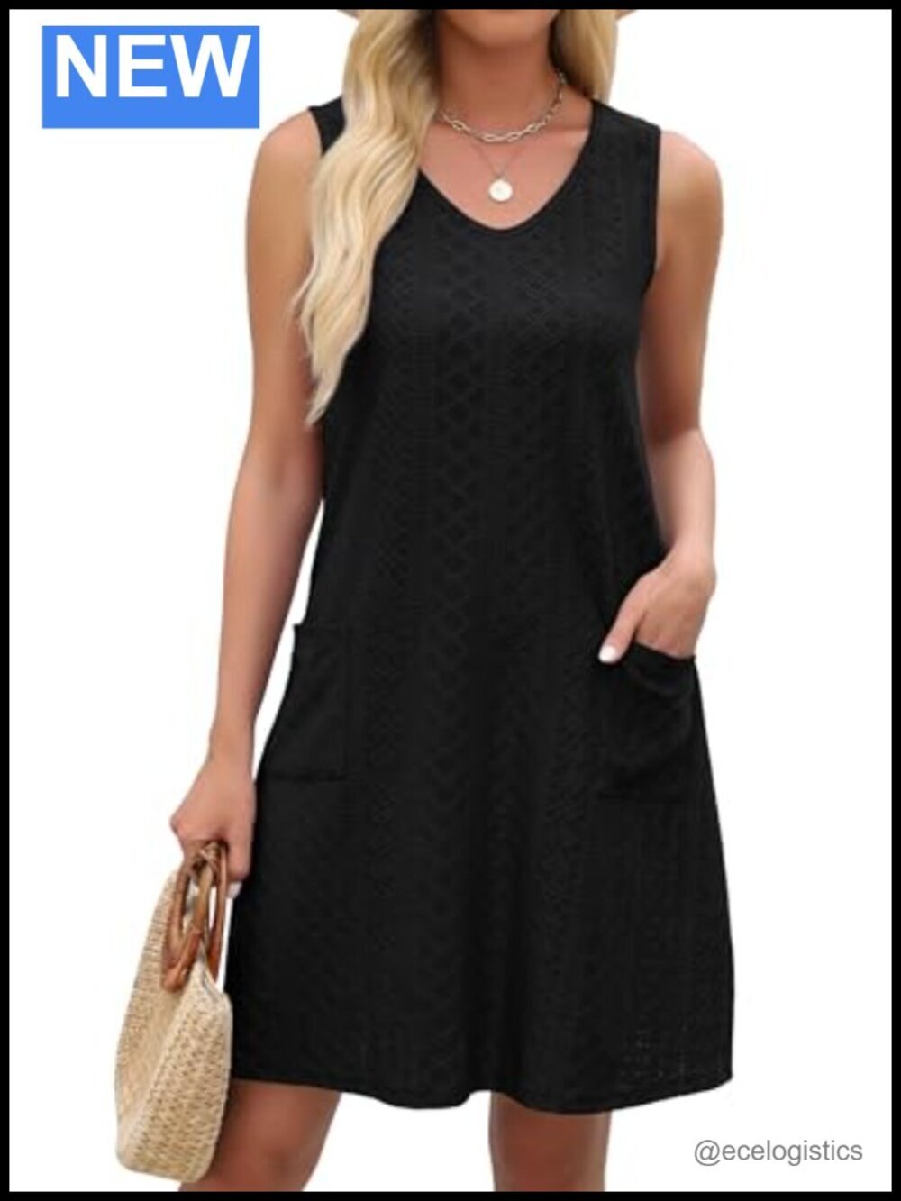Women's Eyelet Sleeveless Sundress Swim Cover Up with Pockets, A-Line - Picture 3 of 6